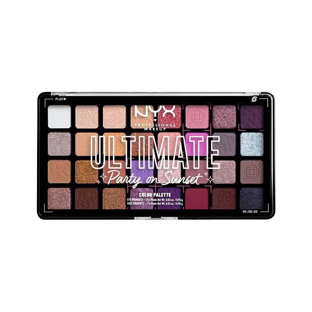 NYX BIRTHDAY USP 32PAN PARTY ON SUNSET limited eye shadow palette of 32 shades of creamy pressed pigments with matte and metallic effects.