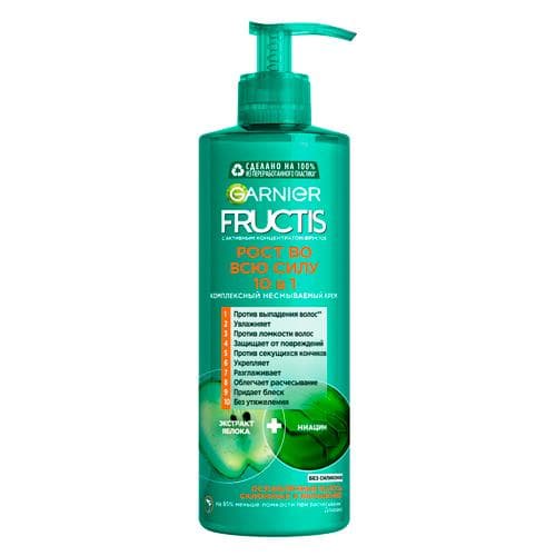 Garnier Fructis "To'liq kuch bilan o'sish" 10 in 1 olma ekstrakti va niatsin bilan kompleks yuvilmaydigan krem, 400 ml